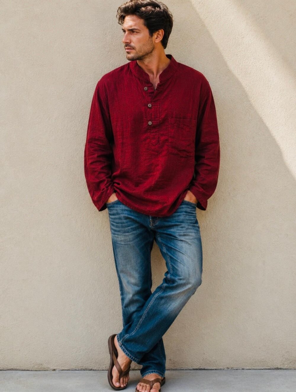 grandad collar long sleeve shirt with chest pocket 100% cotton popover shirt