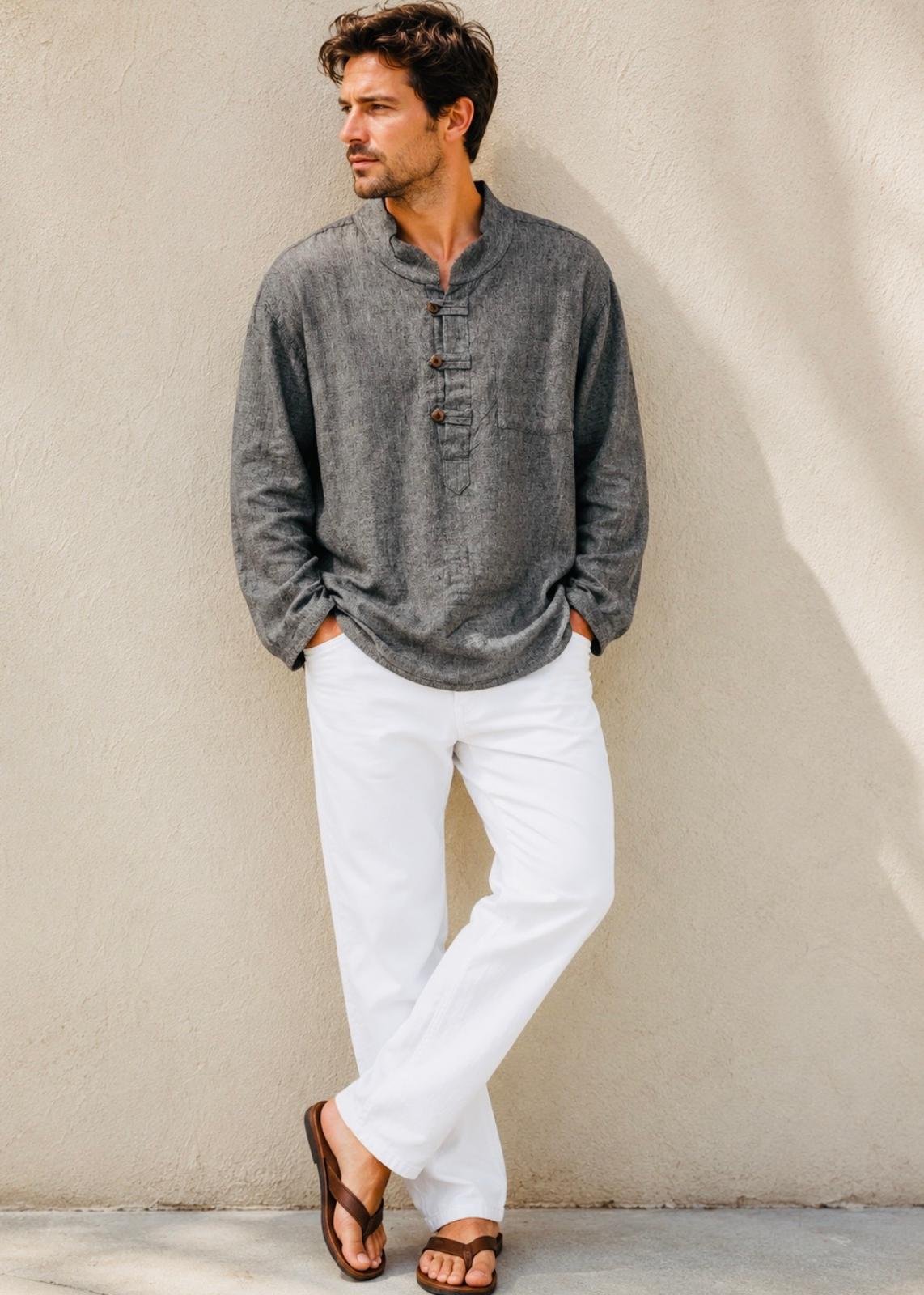 grandad collar long sleeve shirt with chest pocket 100% cotton popover shirt grandad collar long sleeve shirt with chest pocket 100% cotton popover shirt