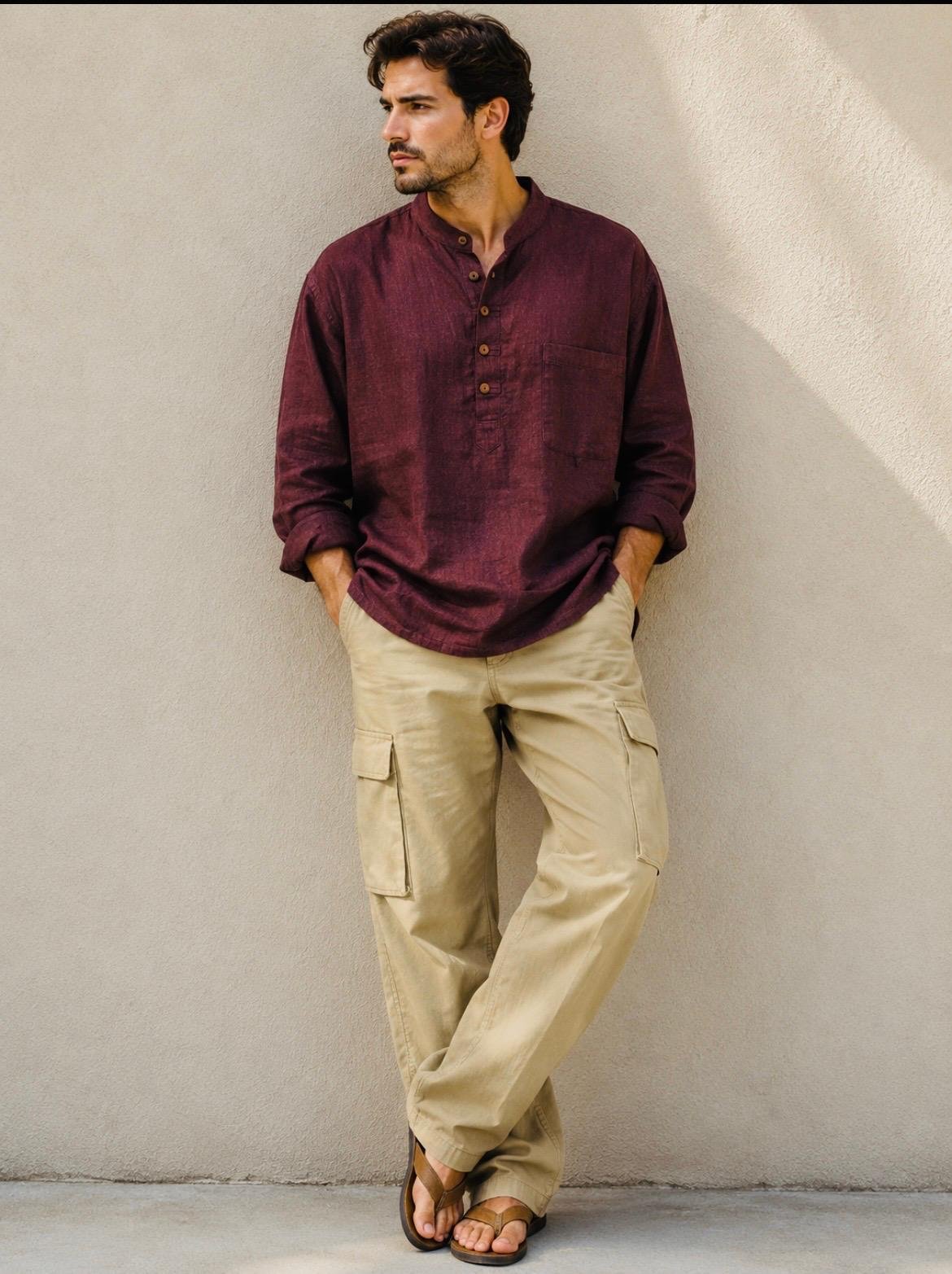 grandad collar long sleeve shirt with chest pocket 100% cotton popover shirt grandad collar long sleeve shirt with chest pocket 100% cotton popover shirt
